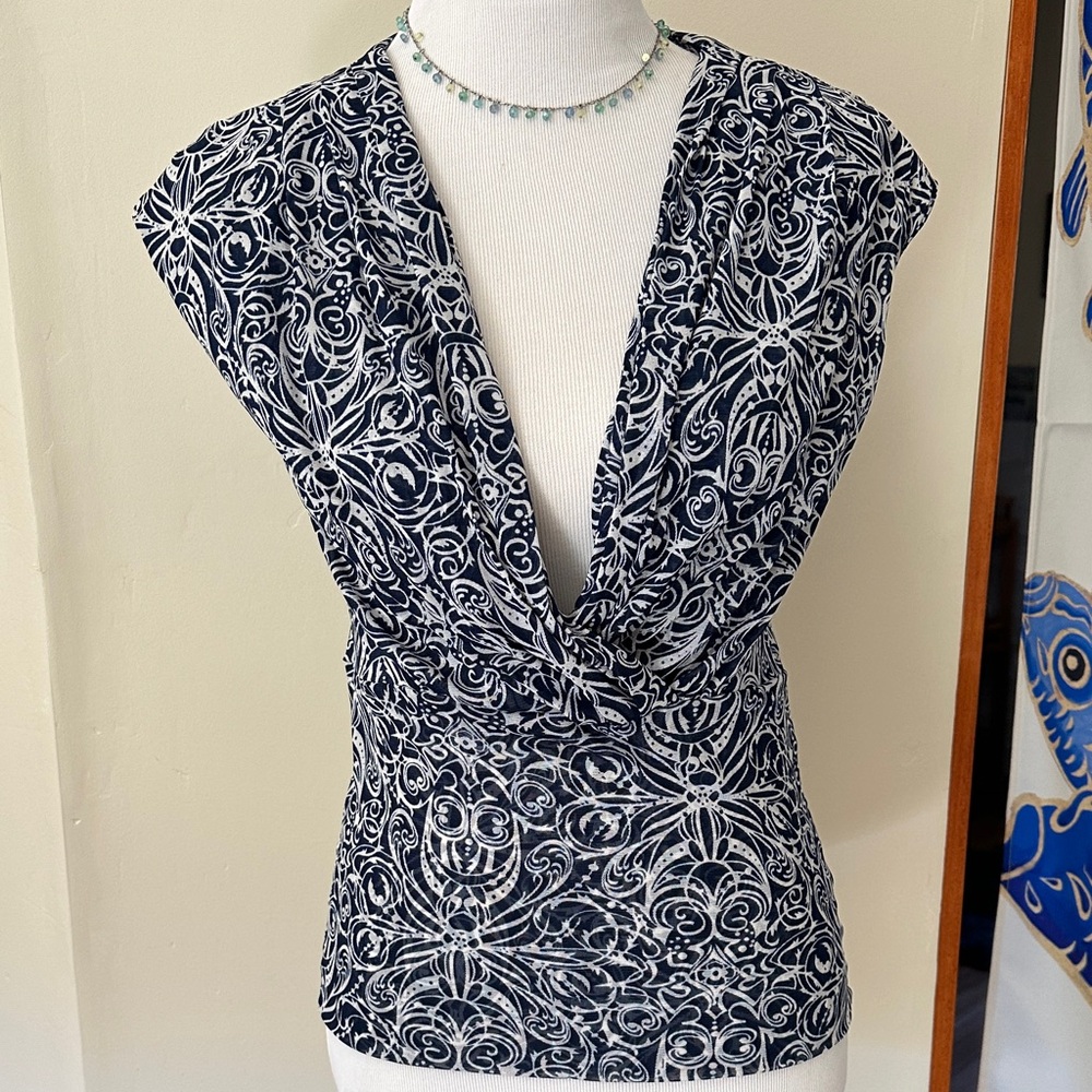 Karen Kane mesh Women's Navy and White Patterned Blouse